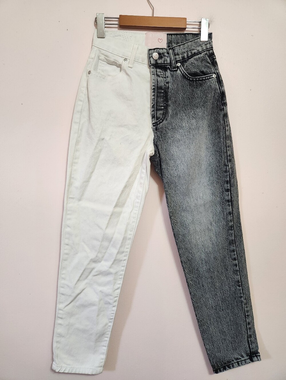 Revice Denim Split Leg Two Tone Black White High Rise Straight Jeans Size 26 Y2K